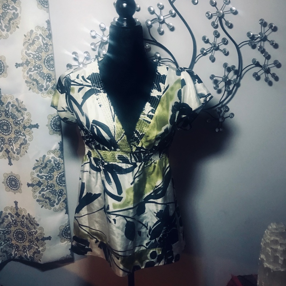 BCBG 100% Silk Ribbed Waist V Neck Blouse
